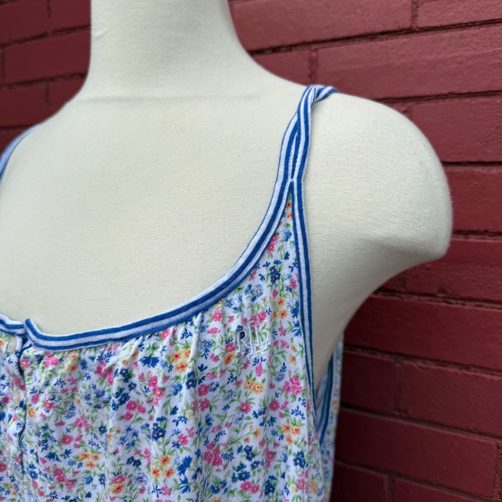 Lauren Ralph Lauren Floral Stripe Ruffle Nightgown XL Blue Pink White Sleeveless - Picture 3 of 5